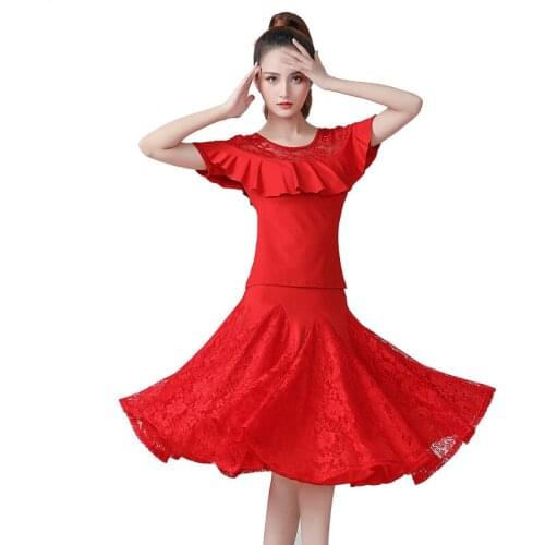 New Latin Dance Suit Lace Short-Sleeve Ballroom Dance Three-Step Dance Dress Dance Performance Practice Wear 2pcs Set Top Skirt