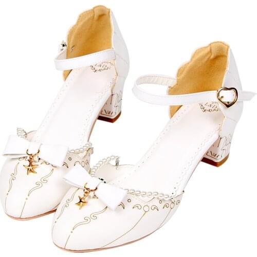 Cosplay Shoes Women Summer 2019 Lolita Pearl Chain Bowknot Princess Kawaii Girl Women Shoes Mid Heel Pointed Lolita Shoes