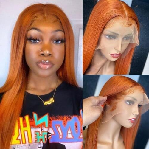 Orange Lace Front Human Hair Wig Ginger Color Straight Brazilian Remy T Part Lace Wig For Women Glueless Lace Closure Wig 180