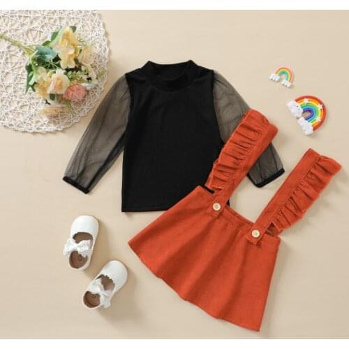 2Pcs Toddler Outfits Autumn, Sheer Long Sleeves Stitching T-Shirt + Ruffled Suspenders Skirt for Girls, 18 Months to 6 Years
