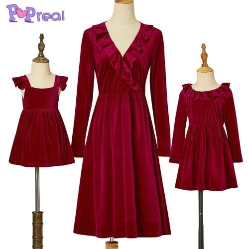 PopReal Spring Autumn Solid Ruffle V-neck Mommy And Me Dresses Matching Outfits Mom And Daughter Dress Family Look Clothes