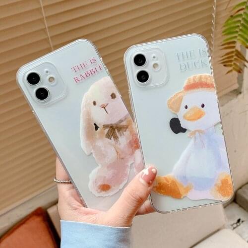 Cute Cartoon Puppet Rabbit Duck Phone Case for iphone11 12 Pro Max X XS XR 7 8Plus Mini Fashion Transparent Shockproof Cover