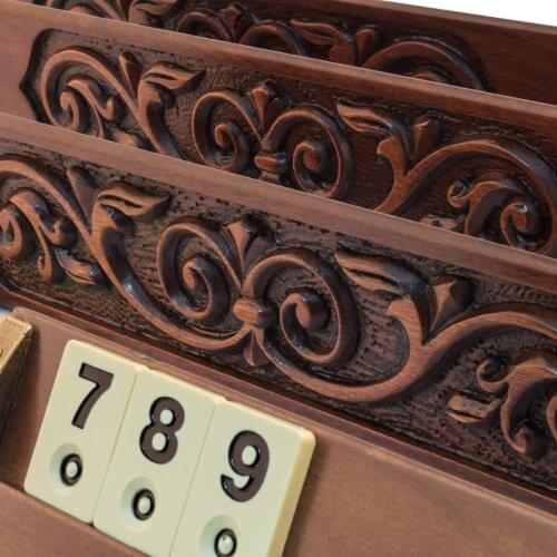 Hand Carved Solid Wooden 2-4 people Unisex Rummy Okey Board Game Set - Leather Rummikub Carrying Bag