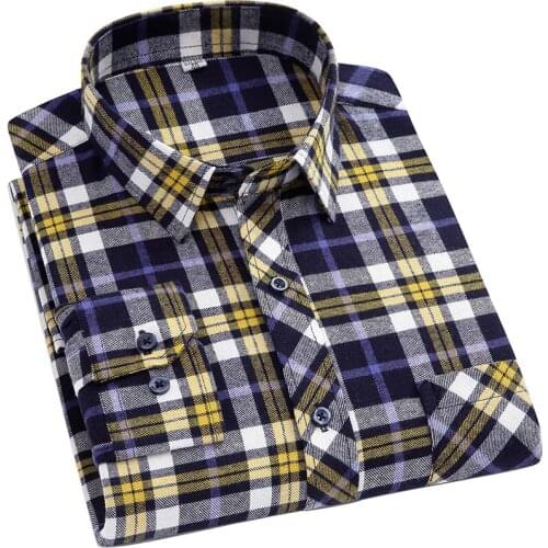 Aoliwen Autumn 100% Cotton Oversized Plaid Long Sleeve Shirts For Men Flannel Casual Plaid Single Chest Pocket Button Shirts