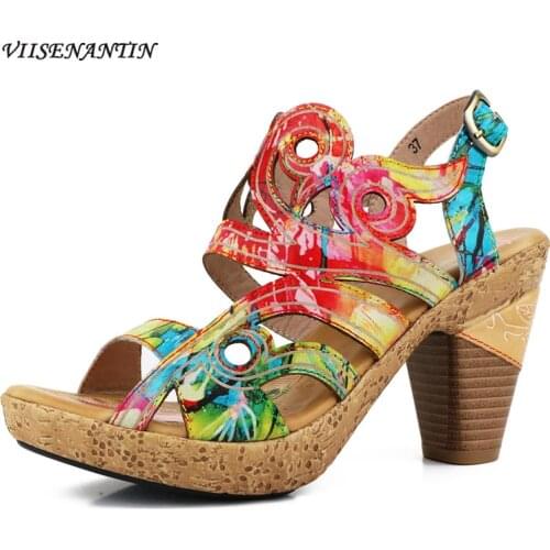 Summer Fish Mouth Thick with A Word Buckle Ethnic Style High-heeled Rubber Cowhide Round Head Color Fashion Fashion Sandals