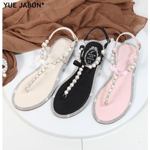2021 New Summer Shoes Flat Pearl Sandals Comfortable String Bead Beach Slippers Casual Sandals Pink White Black Sandalias Mujer