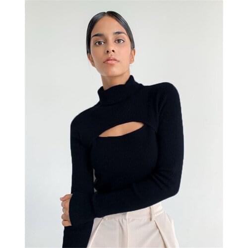 Cybill Ribber Knitted Turtleneck Top Women Hollow Out Casual Long Sleeve T Shirt Skinny Autumn Winter Slim Tee Lady Clothing