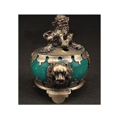 Decorated DECORATED HANDWORK OLD COPPER JADE CARVED LION WONDERFUL INCENSE BURNER 100% real Tibetan Silver Brassroom