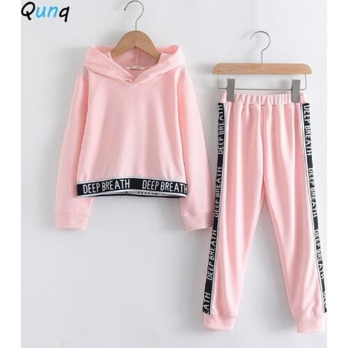 Qunq Girls Spring Fall Clothes Pink Hooded Sweatshirt Letter Pant Kids Boutique Outfits for Girl Toddler Children Clothing Set