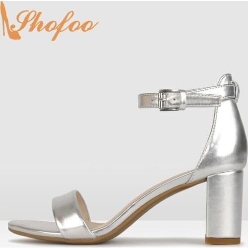 Shofoo Silver Ankle Buckle Strap Thick High Heel Woman Open Toe Sandals Ladies Dress Shoes 2021 Fashion Concise Large Size 11 16