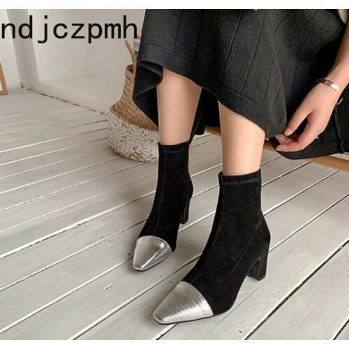 Womens Boots New winter fashion Color matching Square head mid heel Ankle boots Womens shoes plus size 33-45 Heel Height 6cm