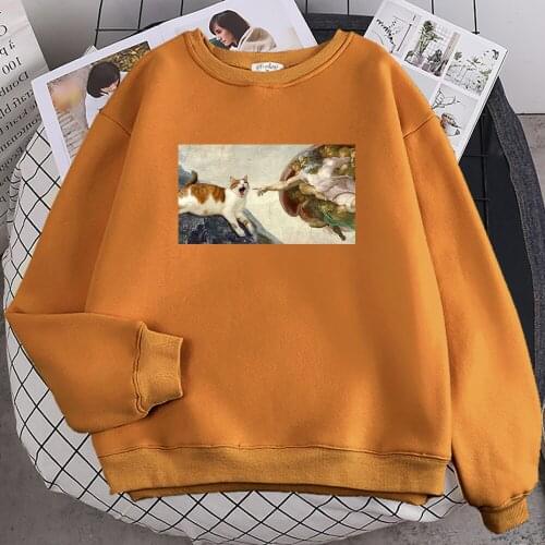 The Creation Of Adam Print Hoody Women Autumn Warm Oversized Hoodies Simple fur-liner Hoodie Casual S-XXL Female Tracksuit Tops