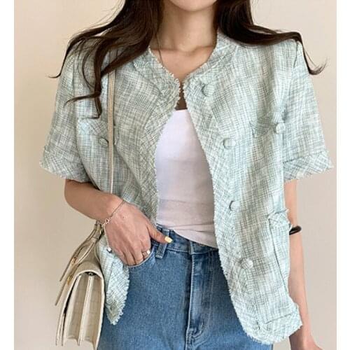 Korean Chic French Round Collar Chic Single Breasted Loose Short Mixed Color Woolen Cardigan Jacket Female Korean Coats Women