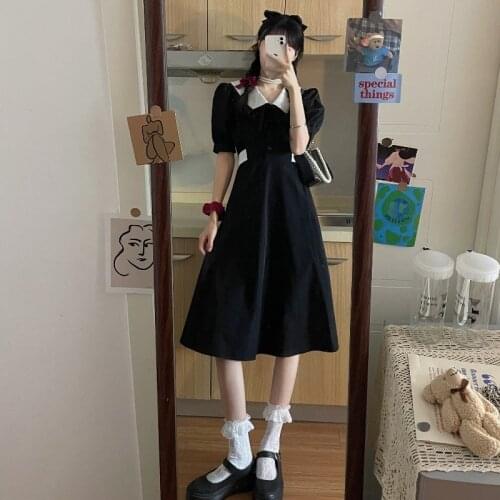Black Dress Korean Style New Bubble Sleeve Contrast Color Lacing Mid-Length Short Sleeve Dress for Women Fashion lolita dress