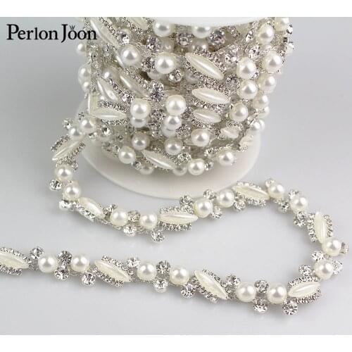 1yard Rice-shaped pearl crystal rhinestones trim metal chain Ribbon for dress, bag, shoes accessories ML010
