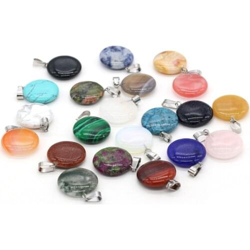 20mm Flat Round Natural Stone Quartz Crystal Turquoises Tiger Eye Opal Charms Pendant DIY Jewelry Making Necklace Accessories