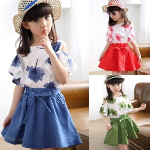 2021 Children Girls dress Summer kids clothes Maple Leaf Off Shoulder Tops Short Skirt Teenager Girls Outfits for 2-12 Years