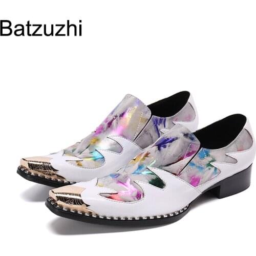 Batzuzhi New Fashion Mens Shoes Pointed Iron Toe Genuine Leather Dress Shoes Men Slip on White Party & Wedding Sepatu Pria