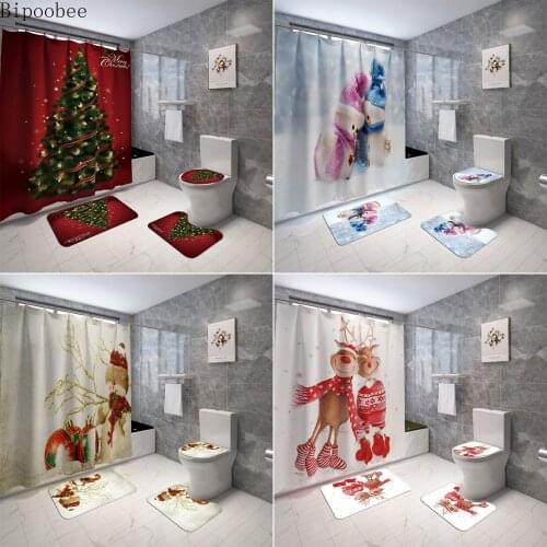 Bipoobee Merry Christmas Shower Curtains and Rugs Sets Snowman Elk Bathroom Decor Non-Slip Rug Toilet Seat Cover Bath Mats Set