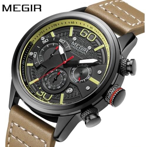 MEGIR 2019 New Fashion Mens Watches with Leather Strap Top Brand Luxury Sports Chronograph Quartz Watch Men Relogio Masculino