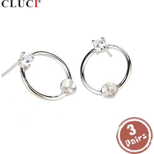 CLUCI 3 pair Silver 925 Round Zircon Earrings for Women 925 Sterling Silver Pearl Earrings Mounting Drop Earrings SE027SB