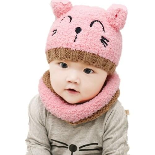 Kids Baby Girls Hats Winter Infant Boys Kitten Embroidered Plush Warm Hat Thicken Children Baby Wool Hat Scarf Sets 6-24 Months