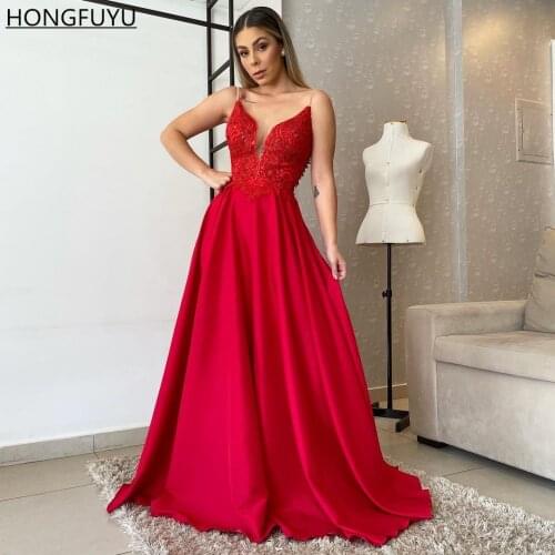HONGFUYU Backlesss Red Formal Evening Dresses Long robes de soirée Satin Prom Dress with Appliques платье vestidos de fiesta