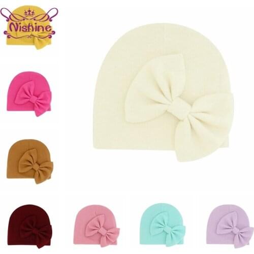 Nishine 1 PCS Double Layer Solid Color Infant Hat Autumn and Winter Comfortable Warm Newborn Caps Cute Handmade Bowknot Headwear