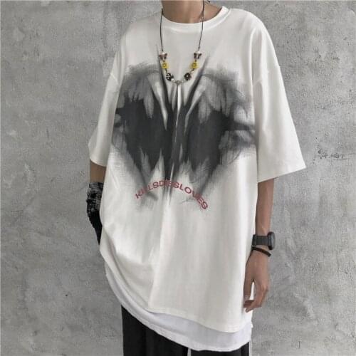 Lady O Neck Abstract Bat Letter Print Black White Harajuku T-shirt Dark Goth Unisex Girl Loose T Shirt Summer Street Casual Tops