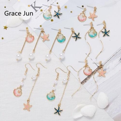 Grace Jun New Design Enamel Pearl Long Drop Earrings for Women Party Prom Fashion Charm Tassel Earrings Factory Driect Wholesale