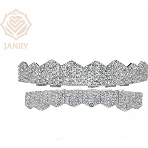 JANRY Teeth Grillz Hip HopTeeth Top Bottom CZ Stone Vampire Teeth Set Cosplay Party Body Jewelry Gift For Men Women