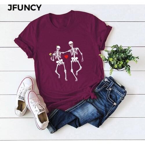 JFUNCY Plus Size Cotton T-Shirt Funny Skeleton Print Harajuku T Shirt Women Tshirt Female Short Sleeve Tees Summer Woman Tops