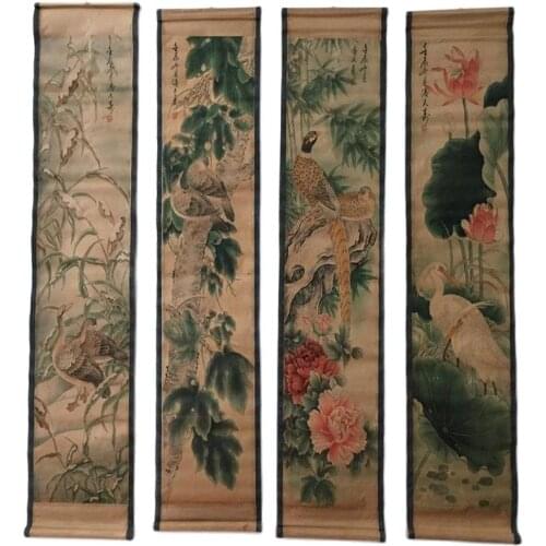 China celebrity painting old scrolls Four screen Lotus bird painting