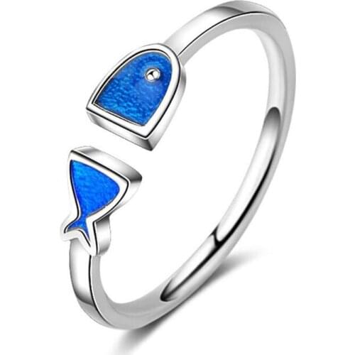 KOFSAC New Pure Silver 925 Ring Simple Drop Glaze Blue Small Fish Sweet Cute Open Rings For Women Jewelry Valentines Day Gifts