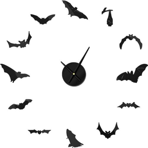 DIY Vampire Bats Wall Clock Modern Design Home Decor Frameless Giant Mirror Effect Wall Sticker Frameless Halloween Decor