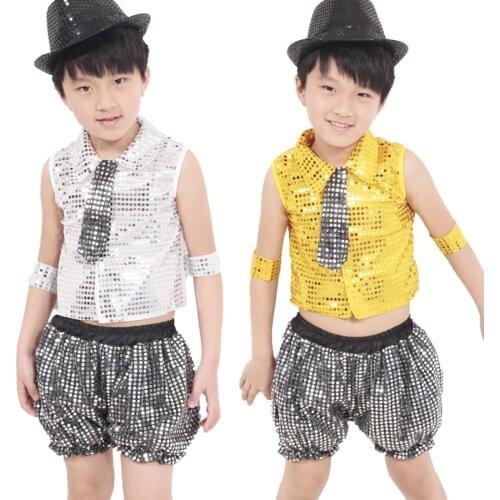 New Childrens Dance Show Jazz Clothing Boys and Girls Stage Wear Sequined Costumes Top+Pants