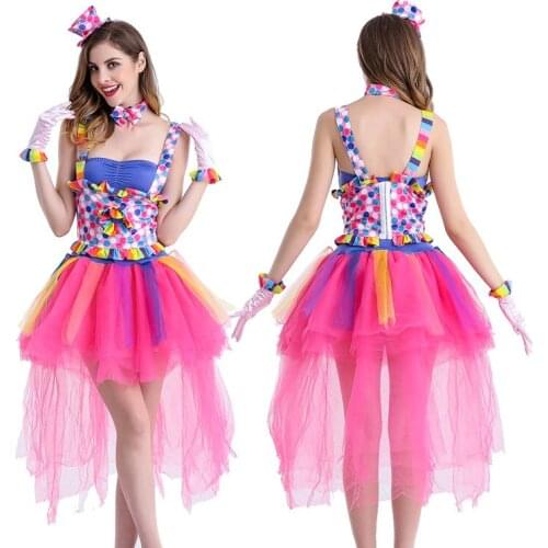 New Adult Costumes Sexy Halloween Circus Clown Color Sling Princess Dress Clothes Stage Performance Clothing