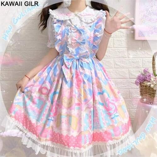 Kawaii Lolita Dress Women Japanese Sweet Cute Jsk Soft Girl Pink Sleeveless Dresses Vintage Print Lace Ruffle Bow Princess Dress