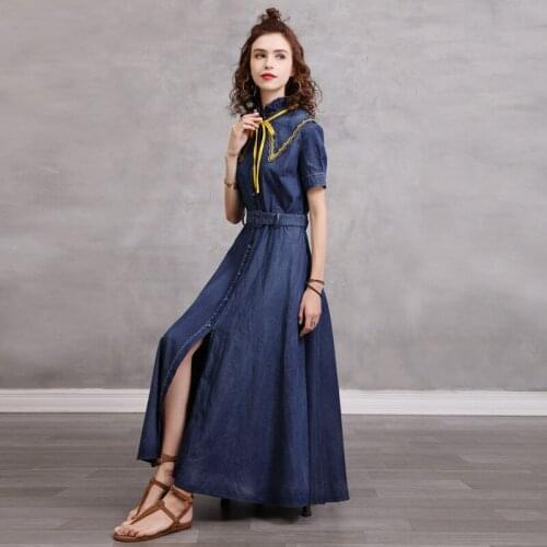 DUISNENA boho dress summer casual cotton women dresses blue denim slim waist empire ruffled neck robe mujer vestidos
