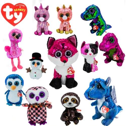 Ty Flippables Plush Animal Sequin Soft Stuffed Cat Fox Unicorn Owl Sloth Flamingo Penguin Dragon Dog Snowman Toys Child Gift15cm