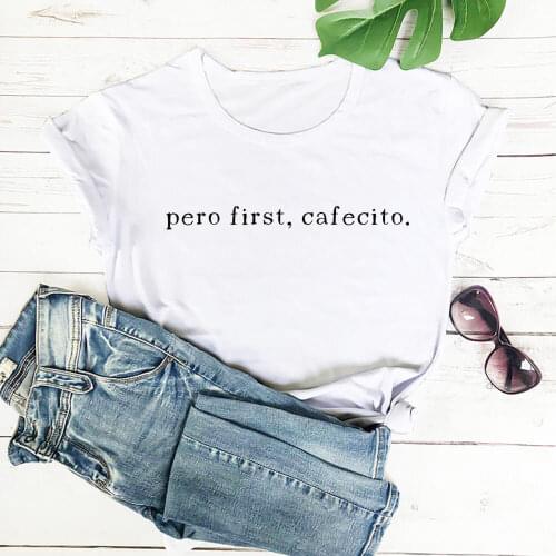 Preo First Cafecito 100%Cotton Women Tshirt Spanish Shirts Mexican Summer Casual O-Neck Short Sleeve Top Coffee Lover Shirts