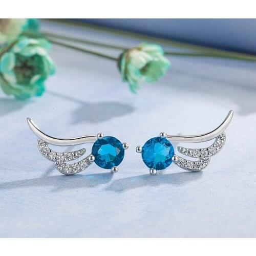 Simple Trendy Blue Zircon Wings Sstud Earrings for Women 925 Silver Ball Ethnic Anniversary Gifts Jewelry Free Shipping Earring