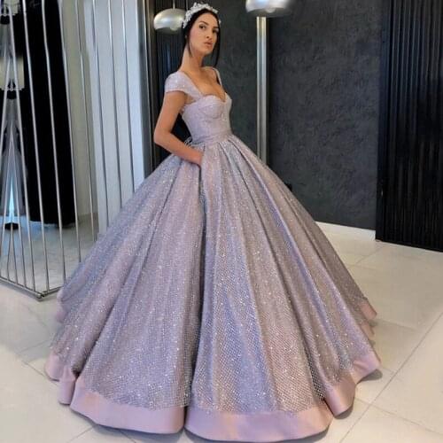 Luxury Glitter Ball Gown Prom Dresses Lilac Cap Sleeve Sweetheart Puffy Formal Party Pageant Gowns with Pockets Evening Dress