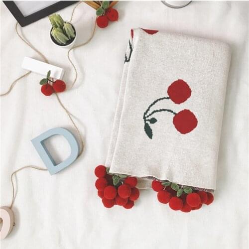 Cherry Fruit Pattern Strawberry Knitted Pink Baby Blanket With Tassels Balls Cute Baby Kids Girls Blanket Warm Office Quilt