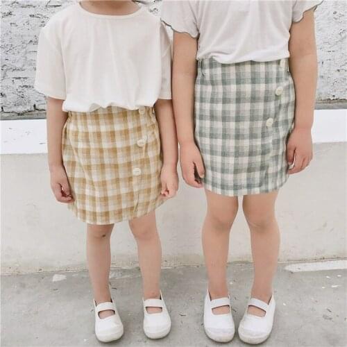 Baby Girl Skirt Fashion Korean Plaid Skirt For Girls Elastic Waist Casual Button Toddler Baby Summer Skirt New Arrival 2 3 4 5 Y