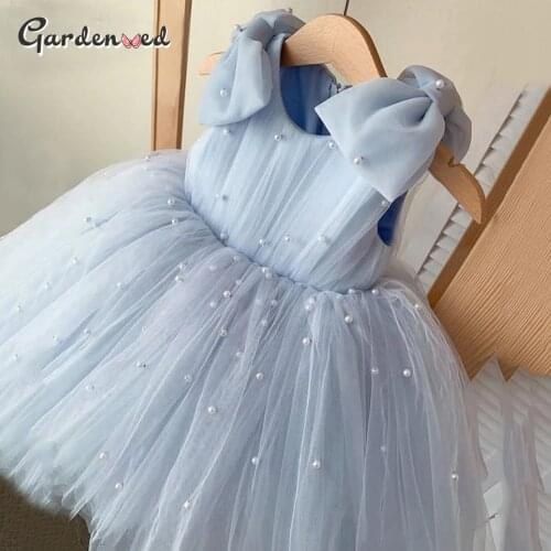 Pearls Kids Communion Dresses Bow Shoulder Girl Pageant Dresses Pleated Tulle Flower Girl Dresses Little Bride Dresses New Year