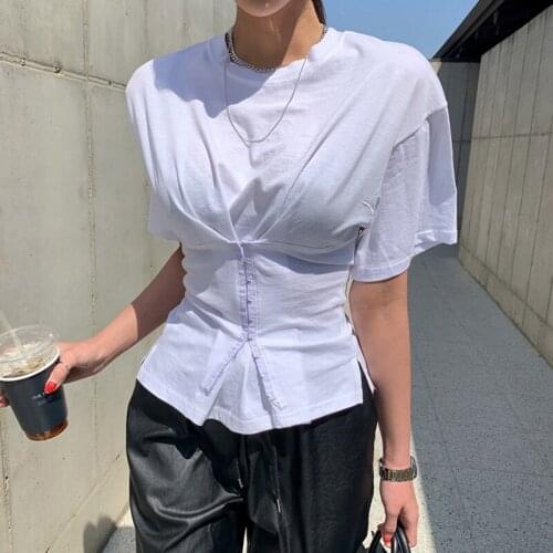 Women’s Summer Short-sleeved Top Korean Fashion Solid Color Breasted Waist Slim Fit T-shirt Womens Pullover Office Lady Wear