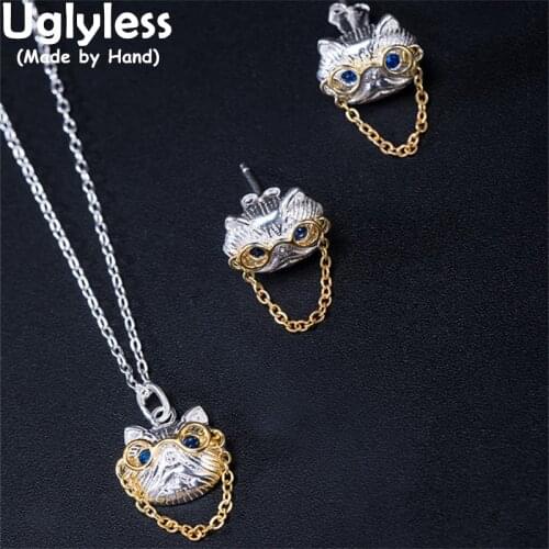 Uglyless DC Doctor Cat Jewelry Sets for Women Fashion Hip Hop Cats Necklaces Studs Earrings 925 Silver Animals Jewelley Chains