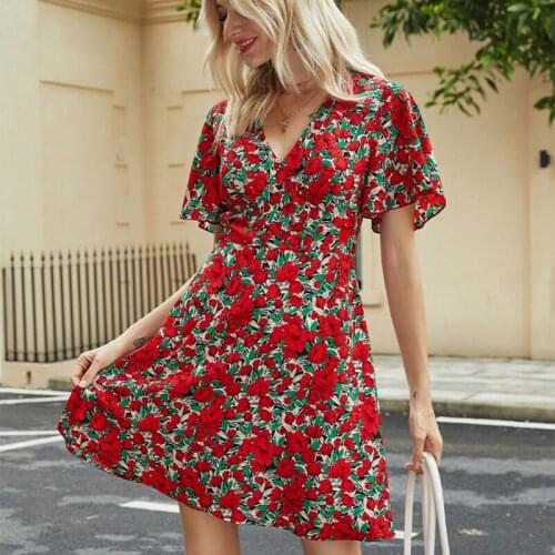 Women Butterfly Short Sleeve Sexy V-Neck Flowy Dress Boho Vintage Red Floral Print High Waist A-Line Flared Hem Sundress