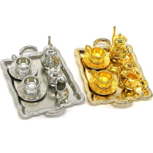 10Pcs/set Mini Teapot Cup Plate Doll House Miniature Metal Tea Doll House Furniture Miniature Dining Ware Toy
